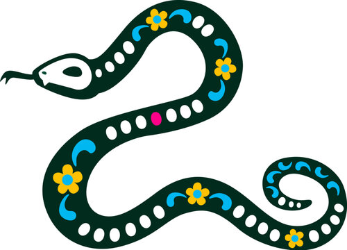 Mexican day of the dead snake reptile animal tattoo decorated with bright floral patterns and dotted accents along its body. Isolated vector festive serpent sugar skull, traditional holiday skeleton