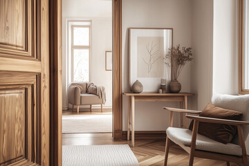 A well-lit interior with wooden furniture and decorative items, including a chair and a console table, leading to a room with an armchair by the window, interior design concepts 
