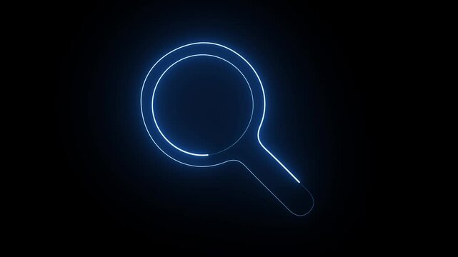 Outline neon search icon on black background. Glowing neon magnifying Glass Icon animation.