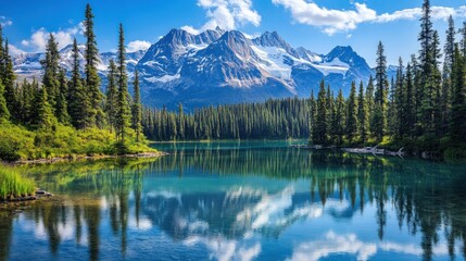 A serene mountain lake with clear blue water reflecting the snow-capped peaks and blue sky.