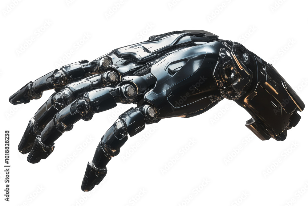 Poster Futuristic robotic hand on a white isolated background showcasing advanced mechanics and design.