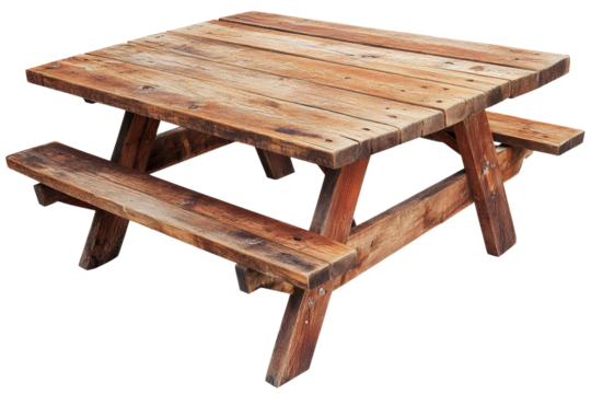 Rustic wooden picnic table, ideal for outdoor dining and social gatherings.