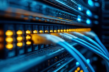 Naklejka premium Server Rack with Network Cables Connected and Lit Up