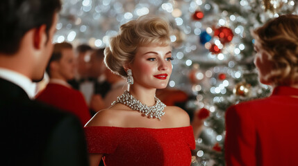 1960s Christmas party with guests in vintage outfits, dancing around a classic silver tree adorned with colorful glass ornaments 