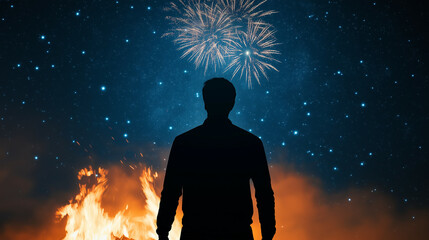 A lone silhouette gazes up at dazzling fireworks bursting above a crackling bonfire surrounded by a dark star-studded sky 