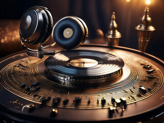 Artistic record player with a headphone