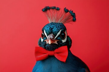 Peacock with a Red Bowtie Against a Red Background