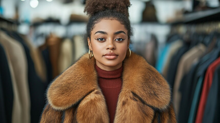 A stylish woman trying on a vintage fur coat in a high-end thrift store, surrounded by racks of designer clothing 
