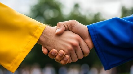 Alumni reunion handshake under a nostalgic homecoming sign, representing community and tradition 