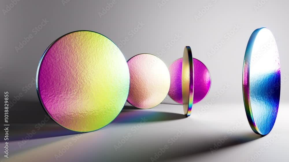 Poster looping 3d animation. holographic mirrored shapes, iridescent metal flat round plates spin and rotat