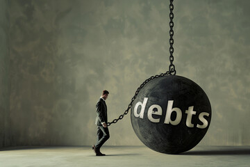 A businessman in a suit drags a large ball labeled "debts" attached by a chain, symbolizing financial burden and responsibility.

