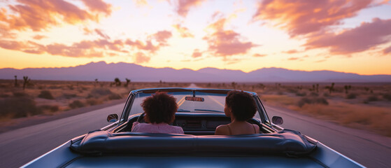 Two young African American women or girls driving classic convertible car, sunset sky over mountains in distance, view form behind. Generative AI