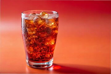 A refreshing glass of soda with ice, set against a vibrant red background,perfect for text overlay.