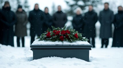 Black funeral casket lowered into a snow-dusted grave, with mourners surrounding in a wintry setting, final goodbye theme 