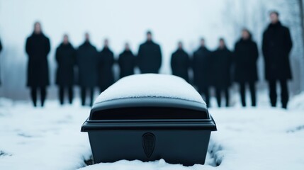 Black funeral casket lowered into a snow-dusted grave, with mourners surrounding in a wintry setting, final goodbye theme 