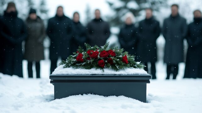 Black funeral casket lowered into a snow-dusted grave, with mourners surrounding in a wintry setting, final goodbye theme 