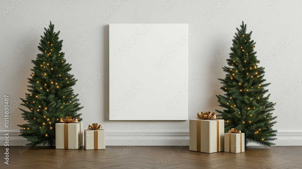 Wall mural Blank canvas mockup placed near a beautifully lit Christmas tree, surrounded by gift boxes and festive garlands, perfect for seasonal art or messages 