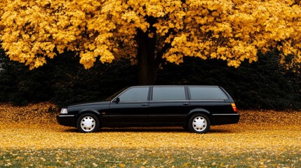 Black hearse parked under a tree with golden leaves, capturing the serene beauty of an autumn funeral 