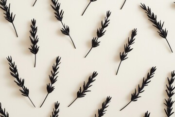 Tiny outlined lavender stems in black, arranged symmetrically across a soft beige backdrop for a clean, calming pattern