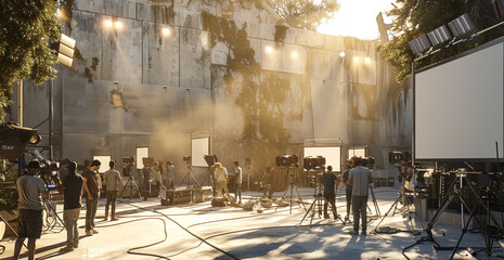 A bustling outdoor film set with crew members preparing cameras, lighting, and other equipment in a sunlit, urban environment.
