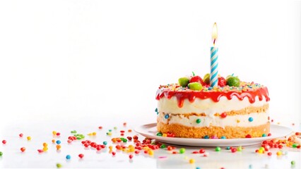A birthday cake with a lit candle on top, set against a white background, ready for your special message.