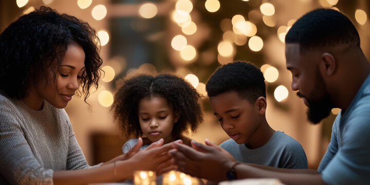 A touching scene of a family holding hands around a table, expressing gratitude and love. Dim lighting, intimate atmosphere,the essence of togetherness and holiday moments with loved ones. - Powered by Adobe