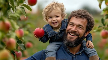 A father carrying his son on his shoulders while walking through an apple orchard.The child holds a red apple in a sunny day outdoors.Active fatherhood, participating in the upbringing of his child