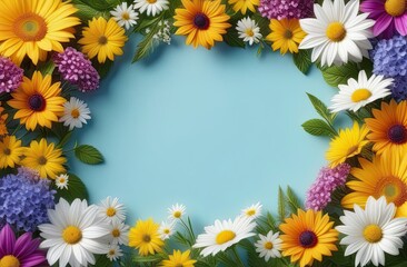 Obraz premium Pastel colors frame with free place for text made from lot of spring flowers. Greeting card for spring holidays. Template for Birthday, Women's Day, Mother's Day. Floral picture.