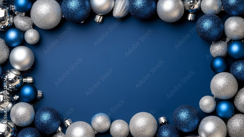 Poster Christmas frame decorated with shimmering silver and blue ornaments, perfect for a cool and elegant holiday design 