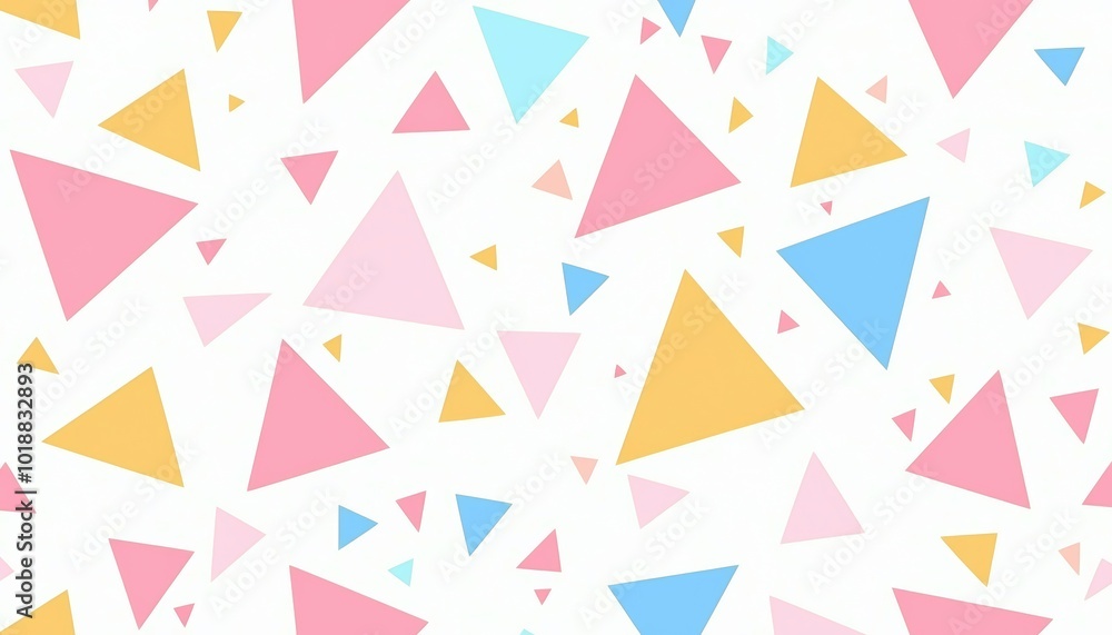 Poster tiny triangles in soft pastel tones, scattered evenly on a white canvas for a playful and minimal se