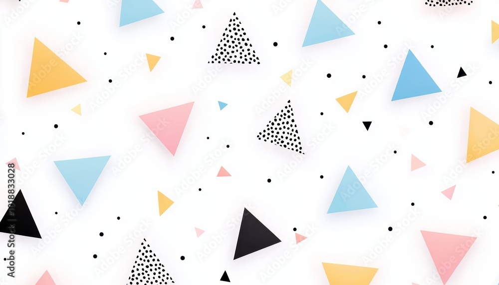 Poster tiny triangles in soft pastel tones, scattered evenly on a white canvas for a playful and minimal se