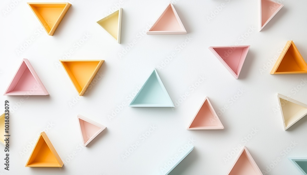 Poster tiny triangles in soft pastel tones, scattered evenly on a white canvas for a playful and minimal se