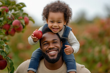 A smiling father carries his joyful child, holding a red apple, on his shoulders in an orchard. The natural backdrop enhances this heartwarming apple-picking moment.