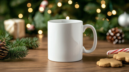 Christmas mug mockup placed on a wooden table, surrounded by holiday cookies, candy canes, and twinkling lights, ready for custom festive designs 