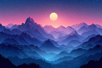 A Full Moon Rises Over Silhouetted Mountain Ranges Under a Starry Sky