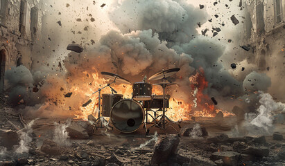 A drum set sits amid a massive explosion in a crumbling urban environment, symbolizing chaos, destruction, and intense energy.
