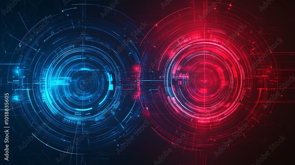 Poster Abstract digital technology background with two glowing circles in blue and red.