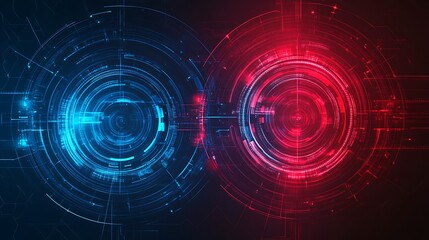 Fototapeta premium Abstract digital technology background with two glowing circles in blue and red.
