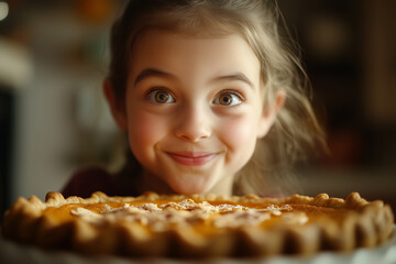 A cute young girl with wide eyes and a look of wonder gazing at a pie in front of her. The vibrant kitchen and warm atmosphere capture the joy of family traditions, baking, and holiday celebrations.