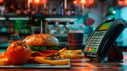 Modern fast food dining: cheeseburger, fries, and digital payment in vibrant cafe setting