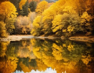 Fototapeta premium Vibrant yellow leaves create a stunning autumn display around a calm lake, with reflections mirroring the foliage on the water's surface as the day comes to a close. Generative AI