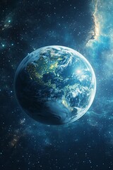 Obraz premium beautiful planet in space with abstract lines, science fiction, space flight, starry sky and nebula on a blue background, abstract space 3d illustration, background, generative ai