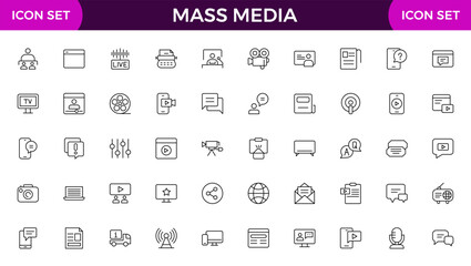 Mass media outline vector icons large set isolated on white background. media business concept. Media outline icons set.