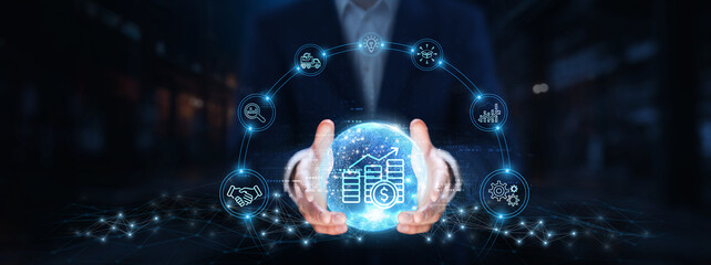 Supply Chain Management (SCM): Businessman hands hold global supply chain management technology,...
