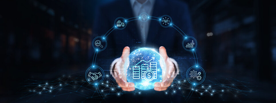 Supply Chain Management (SCM): Businessman hands hold global supply chain management technology, logistics, inventory, distribution, procurement, planning, collaboration, efficiency.