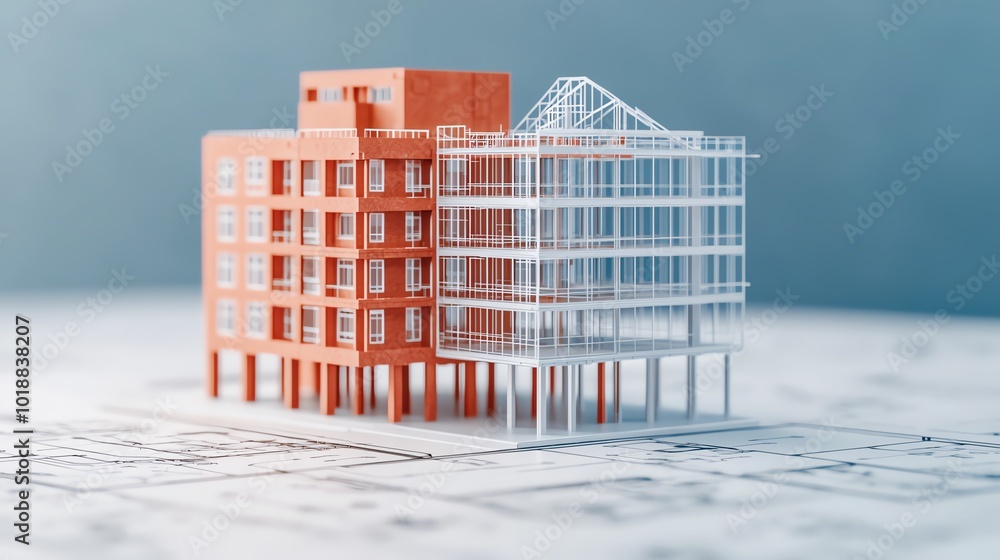 Poster a detailed model of a modern building showcasing architectural design and construction elements on a