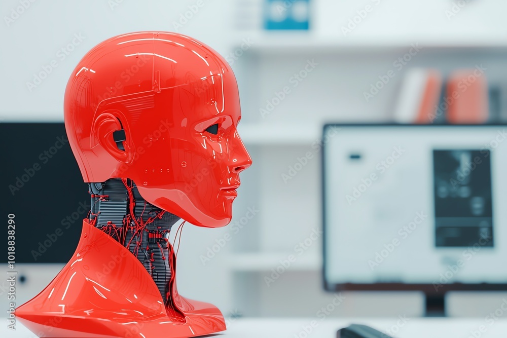 Poster a futuristic red robot head showcasing advanced technology in a modern workspace.