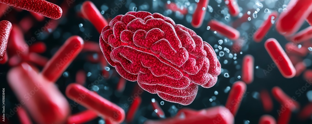 Poster a stunning visualization of a brain surrounded by vibrant red bacteria, symbolizing the connection b