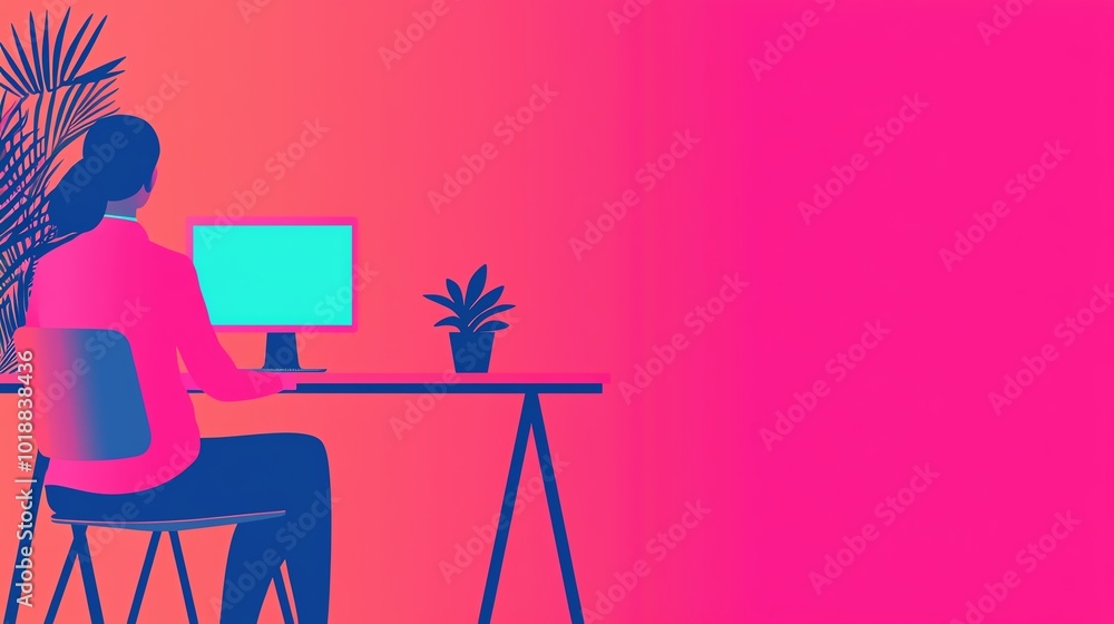 Poster a stylish workspace featuring a person working on a computer surrounded by vibrant colors and greene