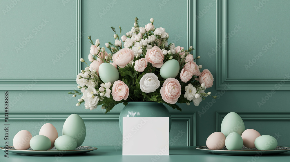 Poster easter table setup mockup with a blank name card placed on a decorated table, surrounded by spring f